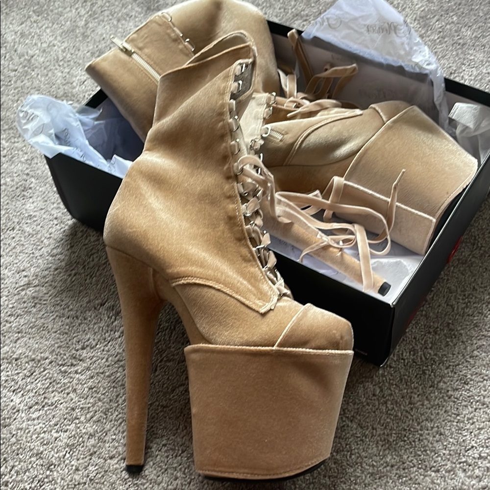 New Pleaser 9 Velvet beige 1045 8" Tan Platform Heels dance boots sexy pleasers